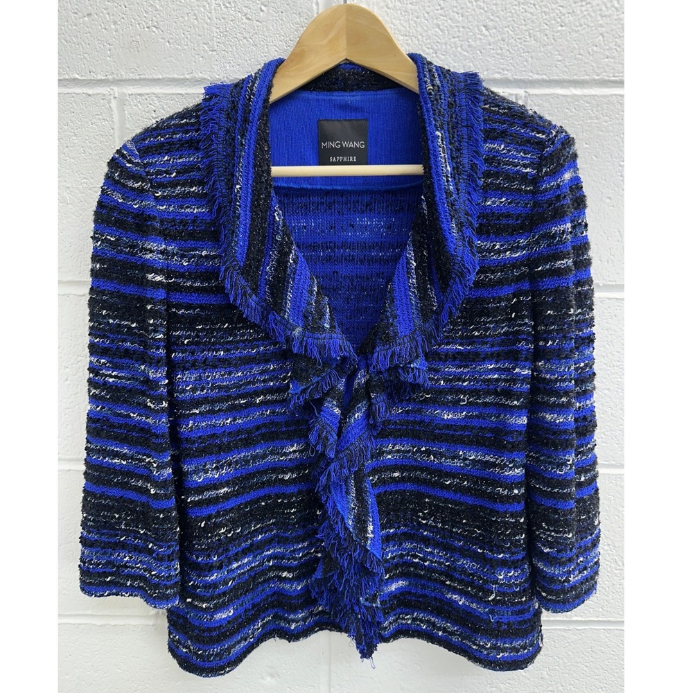 Ming Wang Saphire Metallic Blue Striped Fringed Knit Cardigan Blazer Women's XL